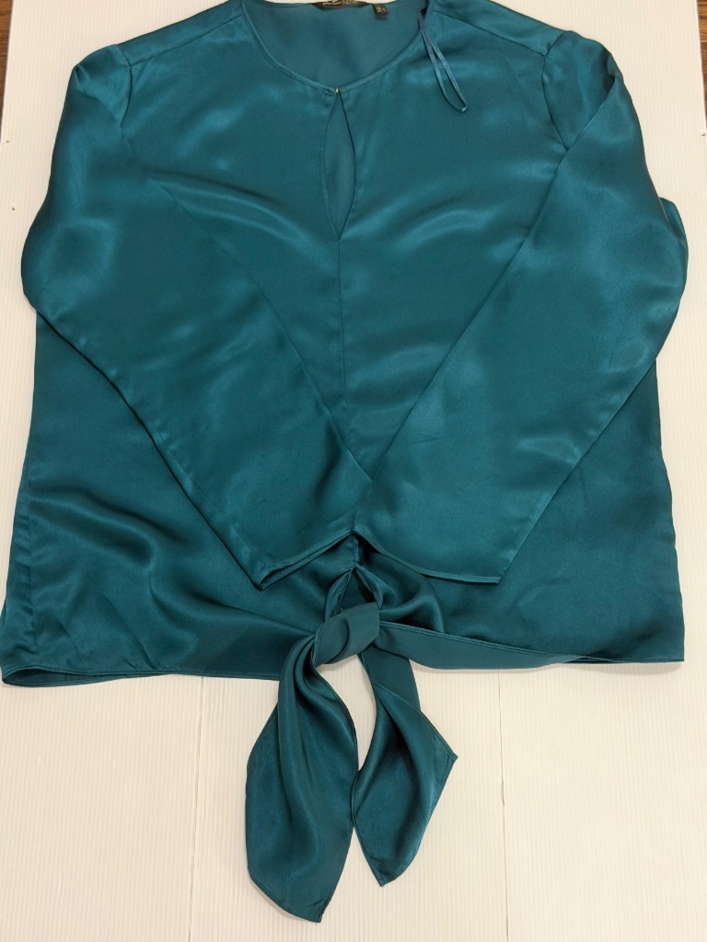 Massimo Dutti 100% Mulberry Silk Teal Satin Draped Knot Top Size 4 - Picture 11 of 12